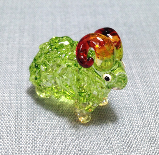 Miniature Hand Blown Glass Funny Ram Aries Sheep Animal Cute Light Green Brown Figurine Statue Decoration Collectible Small Craft Painted