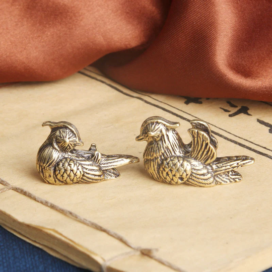 A Pair Of Pure Copper Handmade Tea Pet "'mandarin Duck'' Couple Desktop Handicraft Sculpture Ornaments
