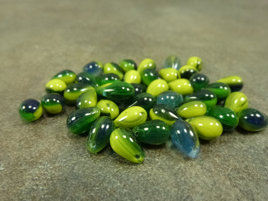 Green/Chartreuse/Blue Blend Czech Glass Teardrop Beads 9x6mm 25Pc Side Drilled