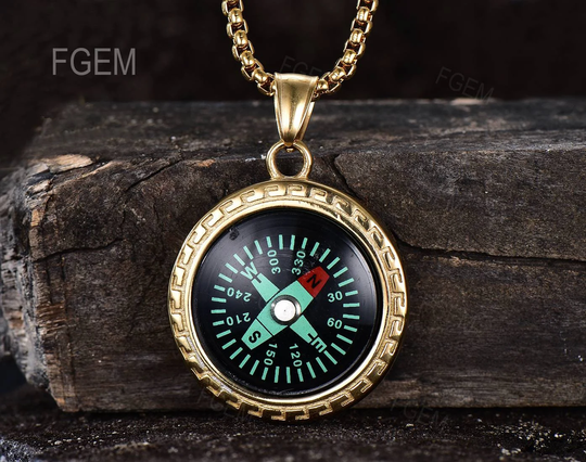 18K Yellow Gold Stainless Steel Portable Real Functional Compass Necklace Waterproof Pendant For Hiking Camping Wilderness Survival