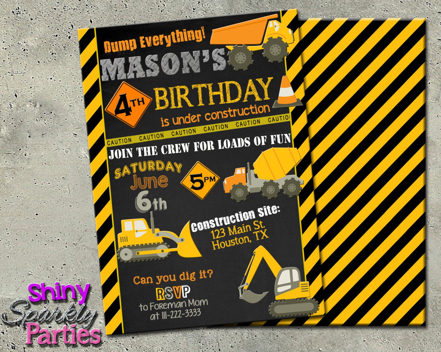 Construction Birthday Invitation, Construction Invitation On Chalkboard, Diy Printable For Construction Party, Dump Truck
