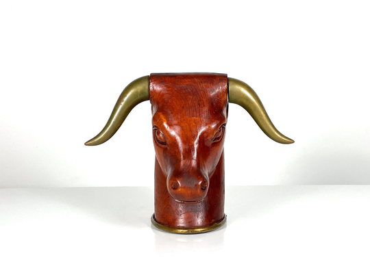 Vintage Mid Century Modern Sarried Wood & Brass Bull Head Sculpture 1980S