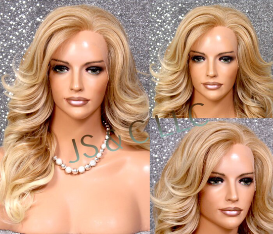 Elegant Blonde Mixed Human Hair Blend Lace Front Wig Big Open Curls Free Parting Cancer Alopecia Cosplay Theather Drag