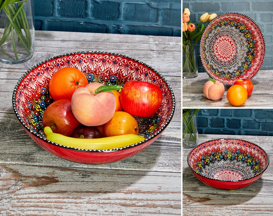 11.8" Big Handmade Pottery Bowl, Turkish Ceramic Large Serving 30cm Fruit Chips Decorative Offering Bowl