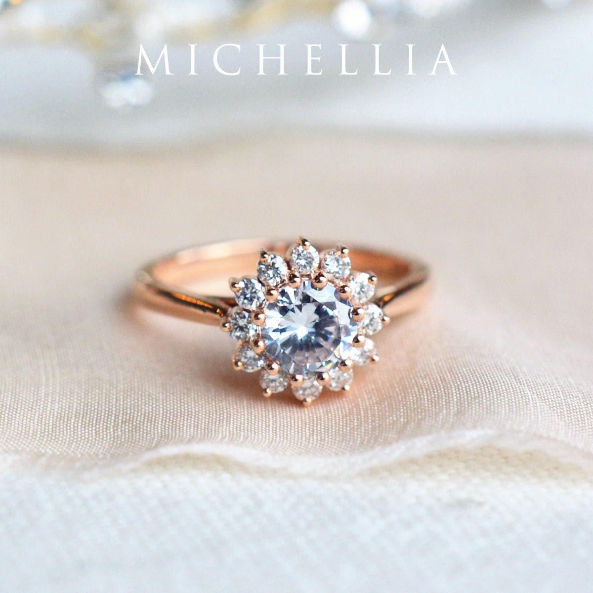 Rosalie Moissanite Engagement Ring, Vintage Bloom Cluster Diamond Floral 14K 18K Platinum, Art Deco, Rose Gold