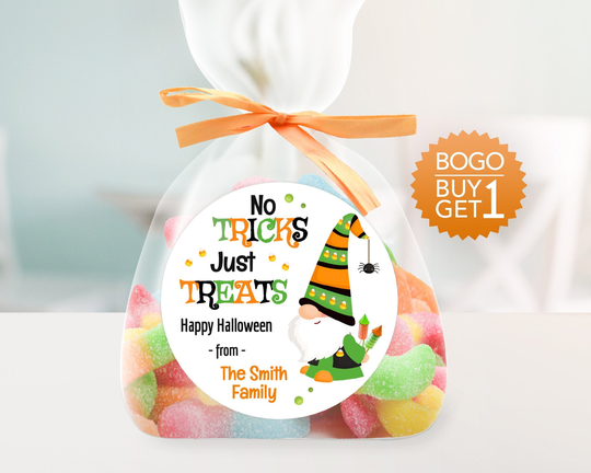 Bogo/Custom Gnome Halloween Sticker Glossy Labels No Tricks Just Treats Label 3 Sizes Cute