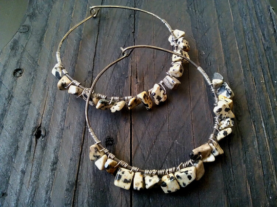 Silver Hoop Earrings, Patina Gem Large Dalmatian Stone Gift For Her, Bohemian Earring
