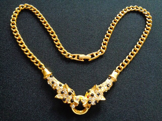 stunning Yellow Gold Tone &pave Rhinestones Black Spotted Enamel Glass Ruby Red Crystal Eyes Twin Double Puma Panther Leopard Chain Necklace