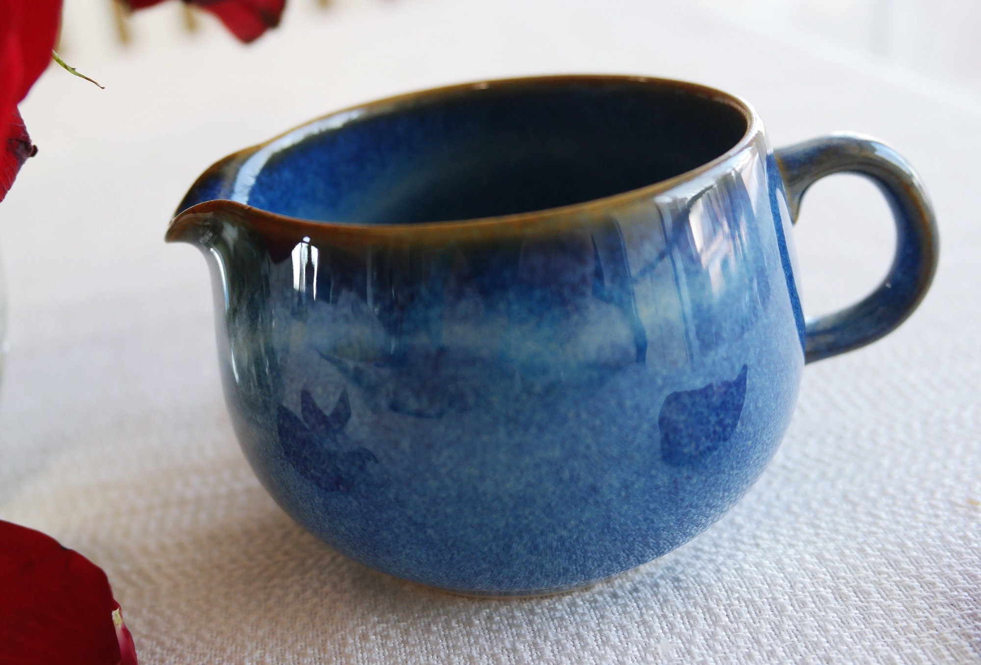 Denby Creamer - English Blue Pattern Milk Jug Speckled Royal Stoneware Brown Trim Fine Pottery Ram Head Stamp England