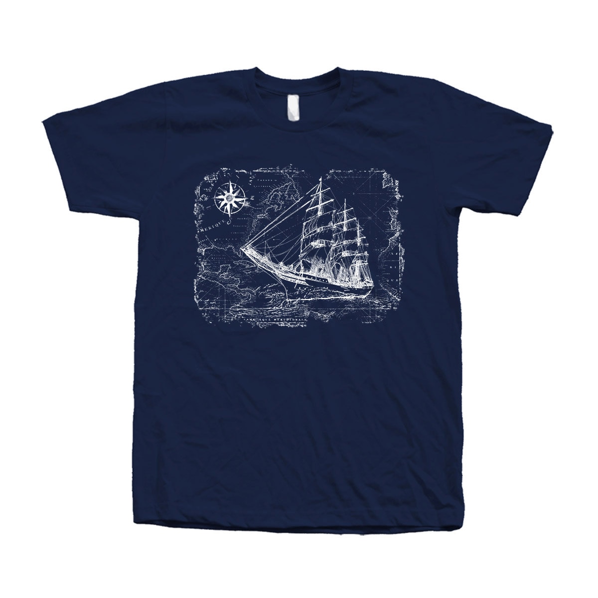 Sailing Ship Compass Tshirt Hand Screen Print American Apparel Crew Neck Available S , M L Xl Xxl