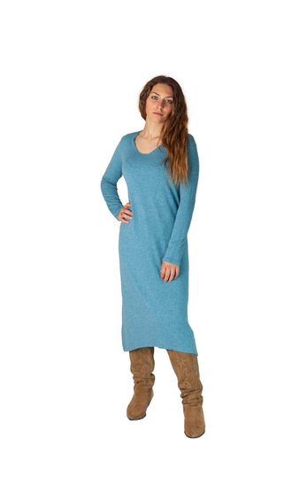Blue Knitted Boho Dress. Bohemian Long Sleeve Vintage Midi Dress.angore Knit Winter