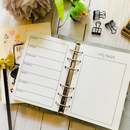 Weekly Productivity Insert ~ Printed Ring Bound Travelers Notebook Refills