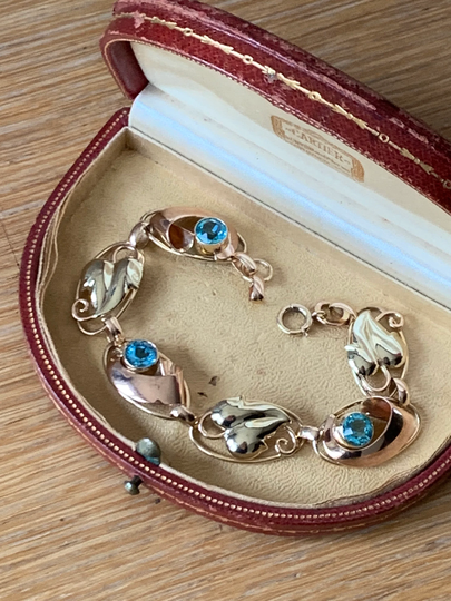 Art Deco 1930's-1940's 10K Yellow & Rose Gold Blue Zircon Bracelet