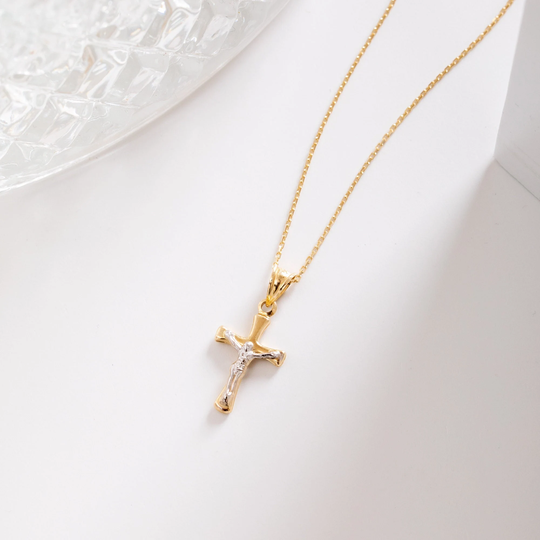 Jesus On Cross Charm 14K Real Solid Gold, Shiny Yellow Gold Necklace, Religious Pendant For Daily