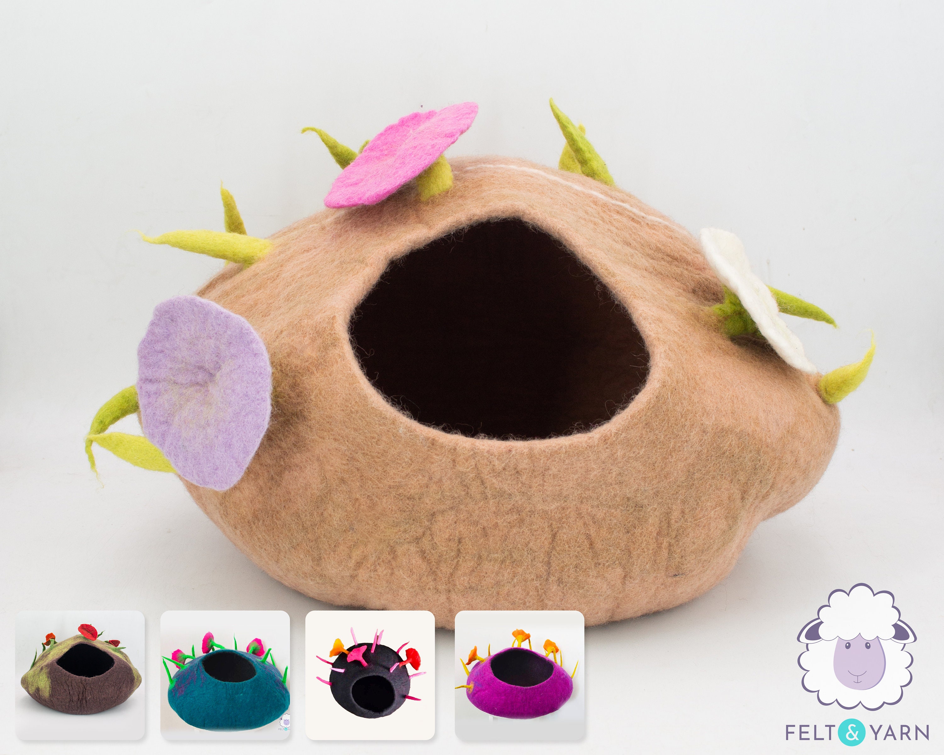 50cm Jungle Cat Bed Cave, 100% Wool Felt Handmade Kitten House Cocoon