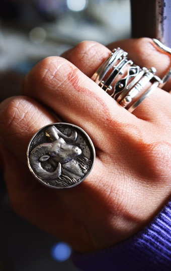 Vintage Goat Silver Ring, Signet Aries Zodiac Sign Ring