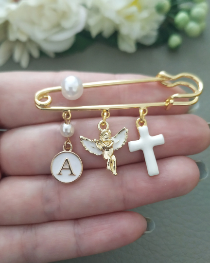 Customized Baptism Brooch, Pearls Cross Pin With Protective Guardian Angel, New Born Gift