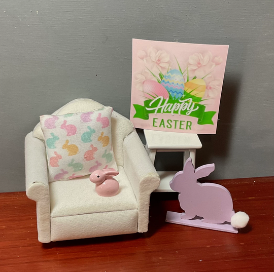 Dollhouse Miniature Easter Decor, Pillow, Picture, White Wooden Stand, Pink Bunny Or Purple Rabbit