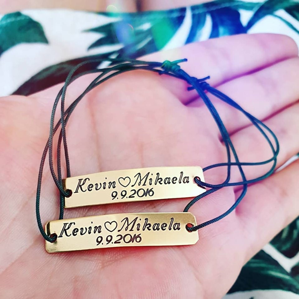 Set Of 2 Personalized Couples Bracelets, Gold Bar Engraved Name Names & Anniversary Date Gift Matching His Hers