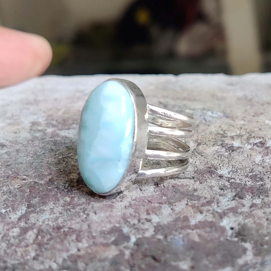 Larimar Large Statement Ring, 925 Sterling Silver, Blue Gemstone Boho Silver Gift For Her