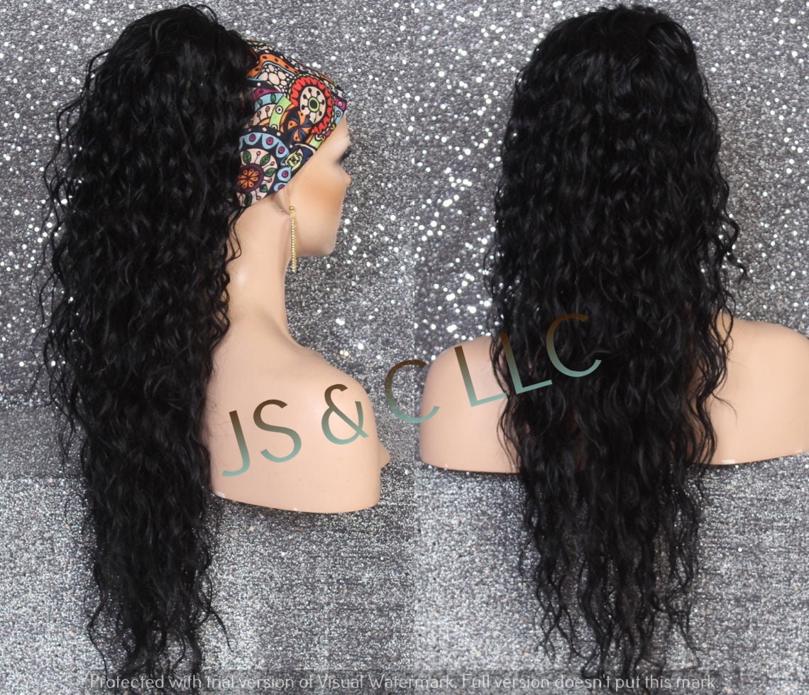 Black Human Hair Blend Ponytail Peice Wavy Extra Long Drawstring Instant Hair Extension Put in Bun So Simple & Easy To Put On Go