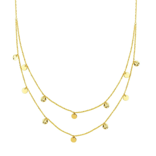 Textured & Polished Disc Double Strand Necklace Real 14K Yellow Gold