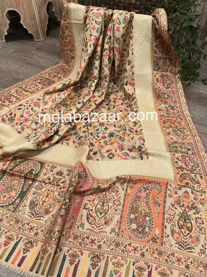 Kaani Wool Blend Beige Shawl With Zari/Scarf/ Stole, Free Shipping in Us