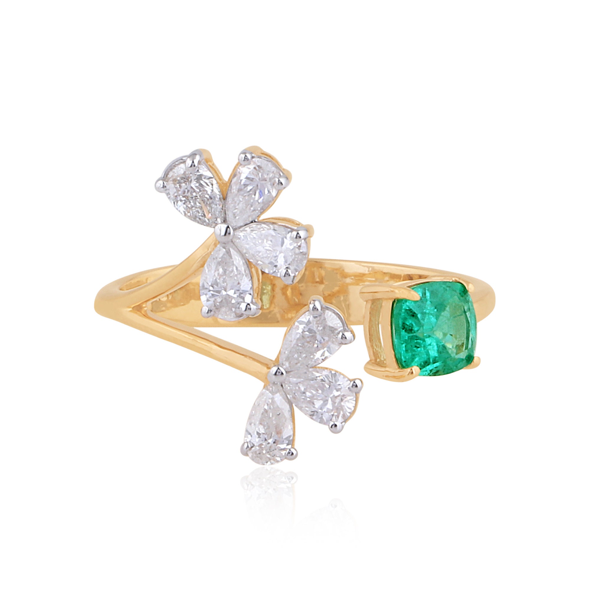 New Diamond Ring Floral Design Emerald Cuff Ring, 18K Yellow Gold Gemstone Si Clarity Hi Color Certified Jewelry Gifts For Her