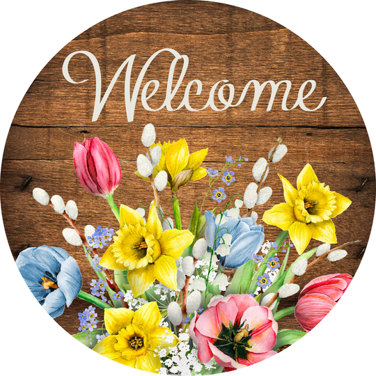 Wreath Sign, Spring Welcome Flower 10" Round Metal Sign Decoe-422, For Wreath, Decoexchange