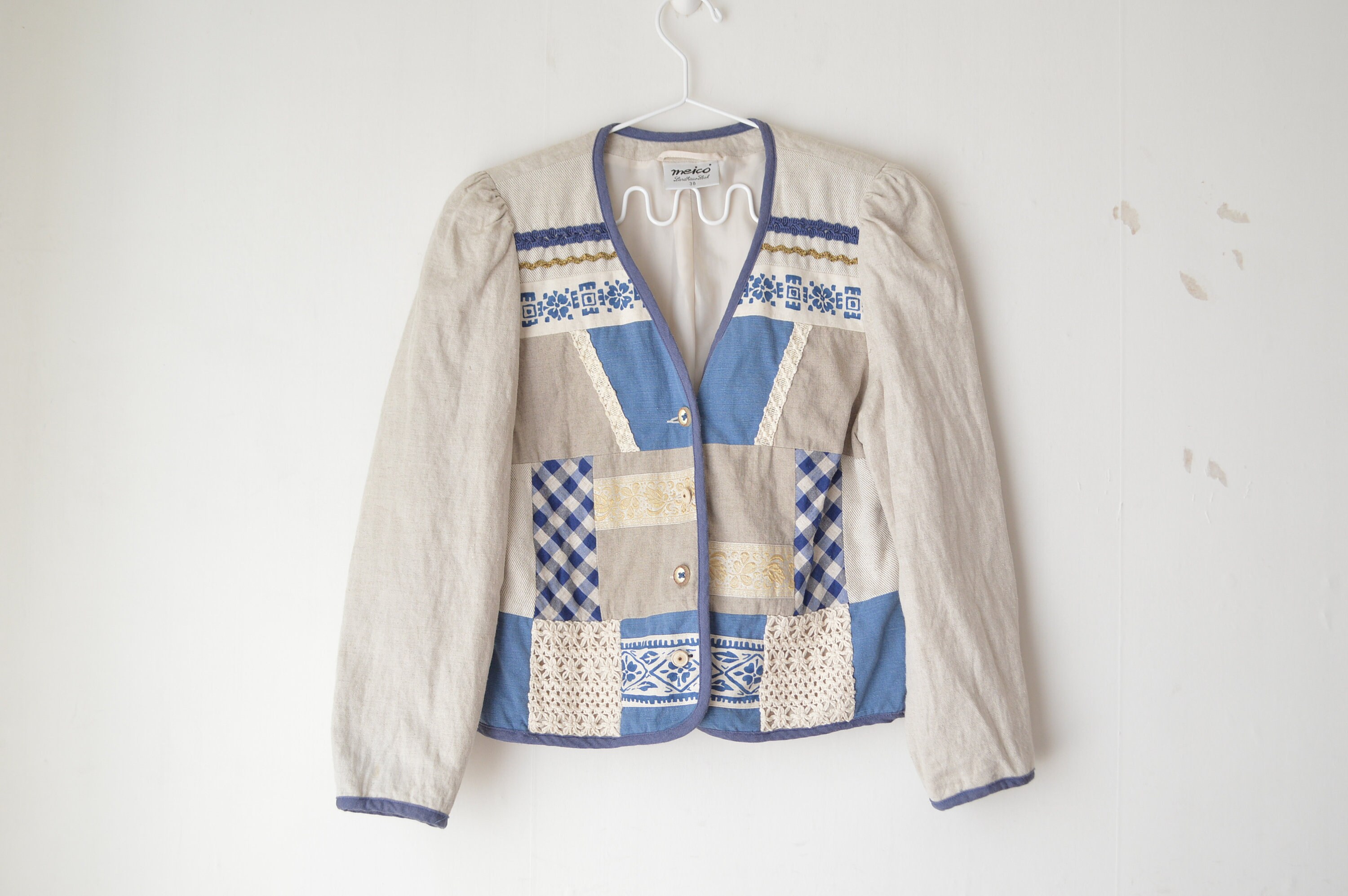 Linen Blend Beige Patchwork Plaid Button Down Puff Sleeves Jacket Blazer 80S // M
