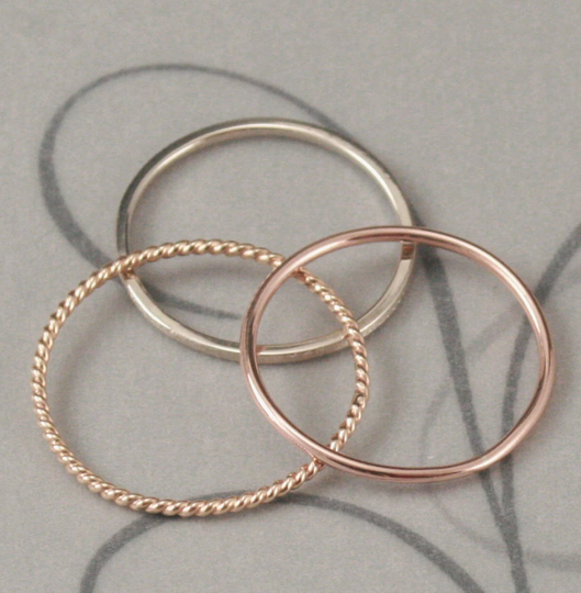 Solid 14K Rose, Yellow & White Gold Tri Colored Textured Stack Ring Set3 Stacking Rings