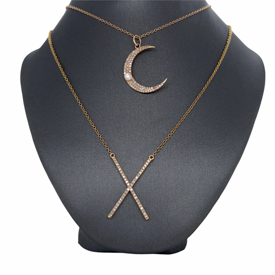 14K Gold, Diamond, Moon, X Pendant, Charm Pendant Necklace