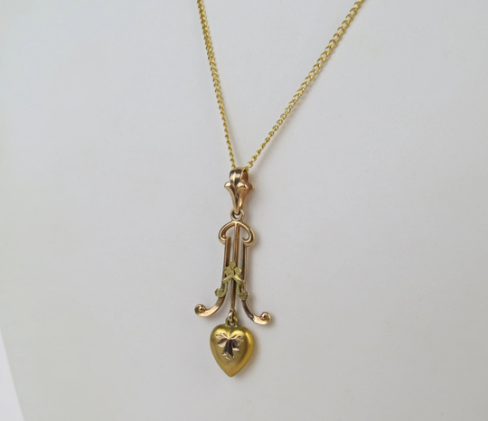 Antique Dangling Heart 10K Solid Gold Lavalier Pendant On 12K Filled Chain