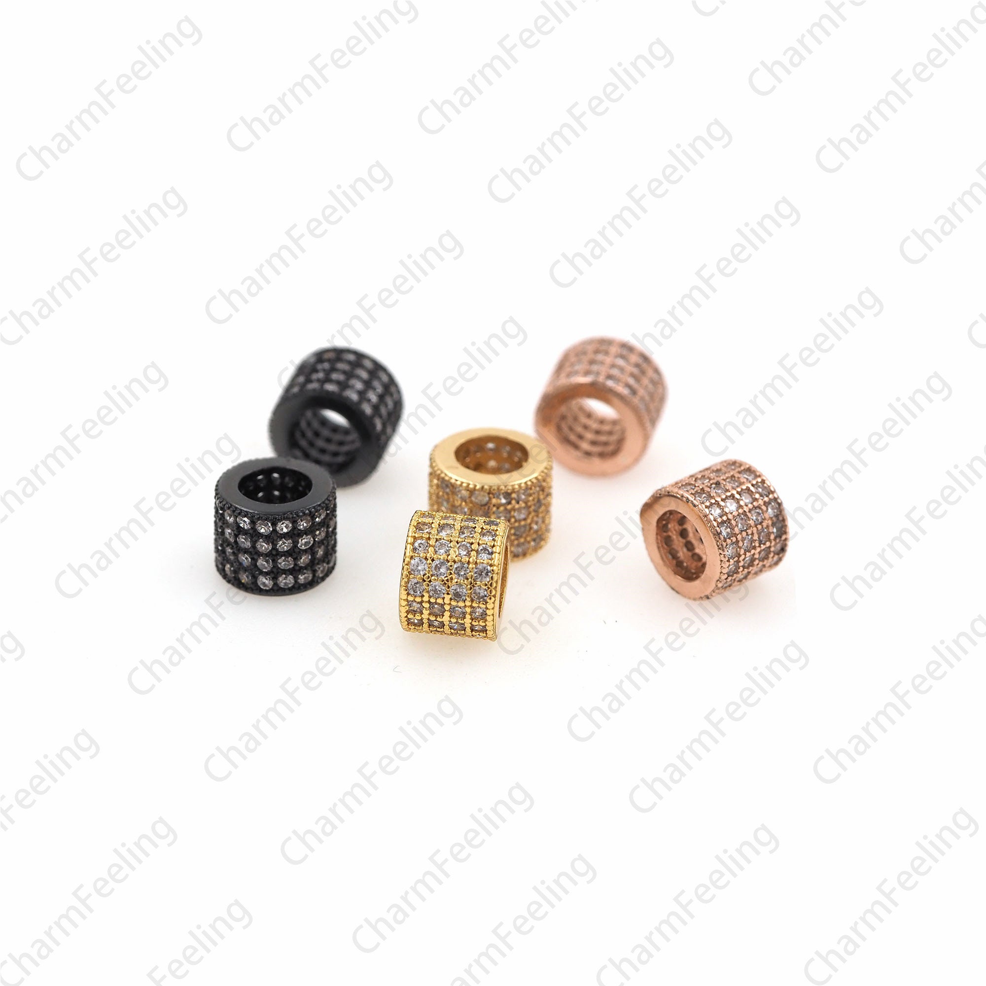 Cz Bucket Beads, Golden Tube Large Hole Cubic Zirconia Diy Beaded Accessories 5.9x7.3mm Hole 4.5mm 1Pcs