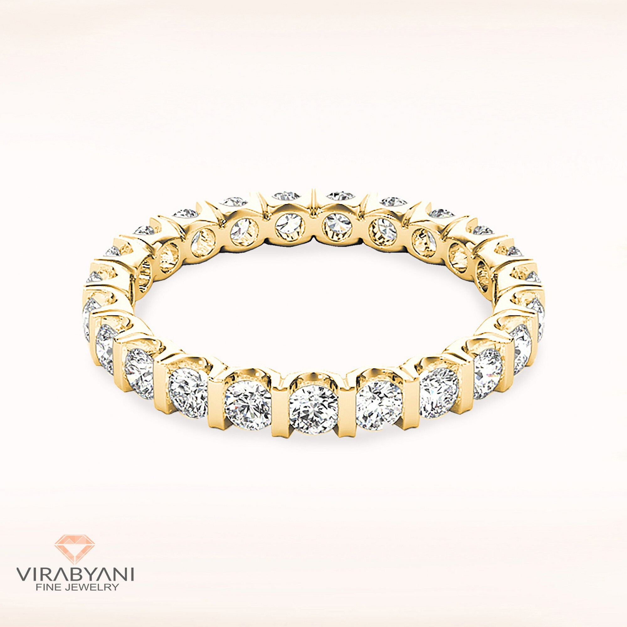 1.00 Ctw Diamond Eternity Band - 14K/18K Solid Yellow Gold | Bar Set Wedding Ring Modern Infinity Design