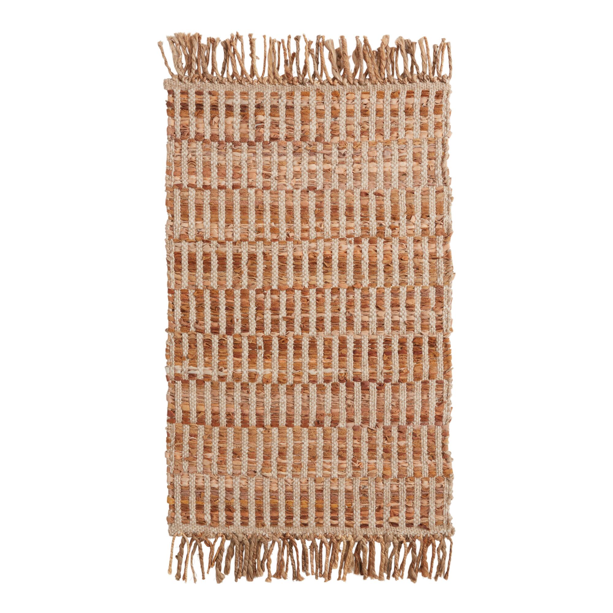 Brown and Natural Geometric Leather and Jute Area Rug - 2' x 3' by World Market
