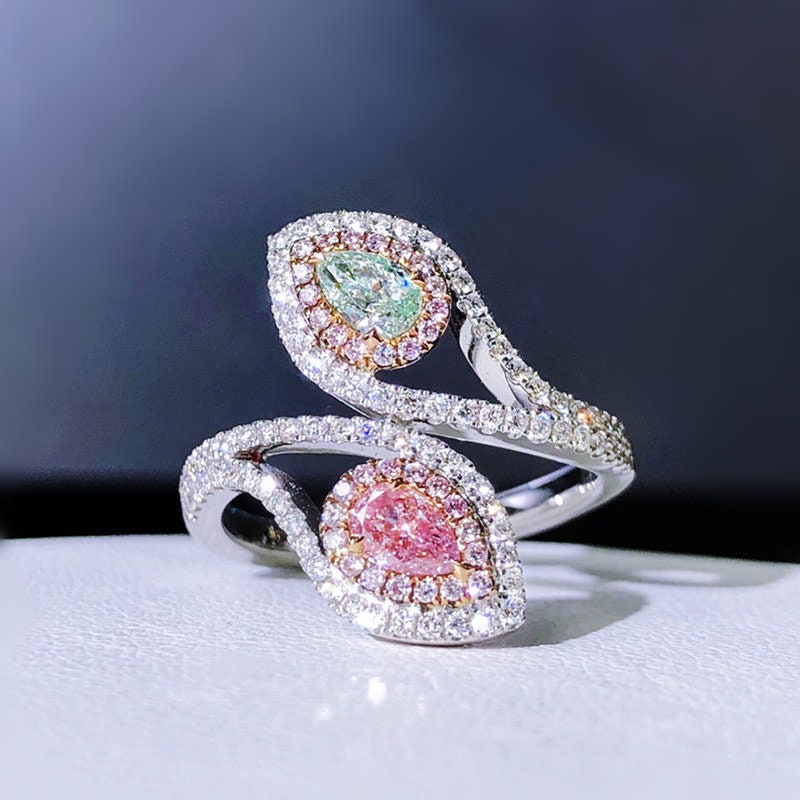 Hx Jewelry | Green Diamond & Pink Double Head Wrap Ring in Solid 18K Gold/Custom Jewelry/Personalization Design/Gift For Her