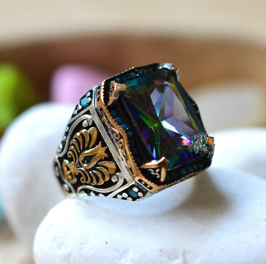 Turkish Handmade Ring, Solid 925 Sterling Silver Mystic Topaz Cz Men's Ring Gift For Him Free Shipping Choice Of Size Vintage