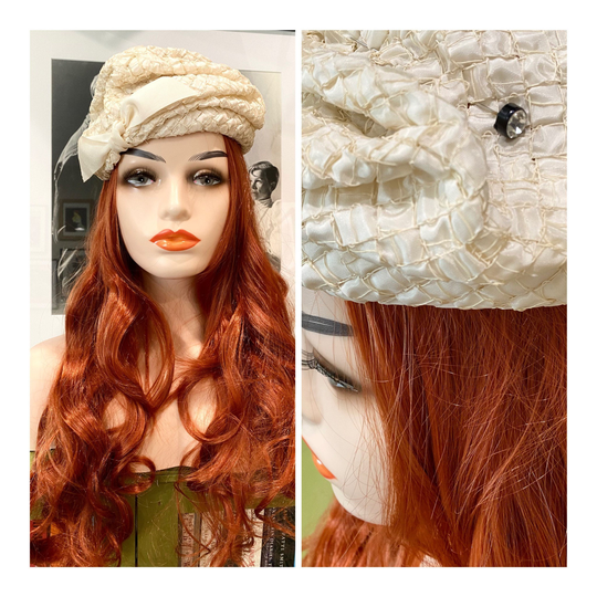 Cream Silk 1950S Hattie Carnegie Pillbox W/Original Rhinestone Hat Pin