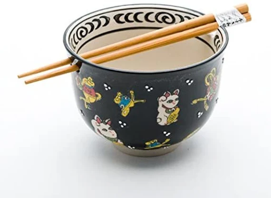 Japanese Lucky Cat Design Quality Ramen Udon Noodle Bowl With Chopsticks Gift Set 5 Inch Diameter 16 Fl Oz