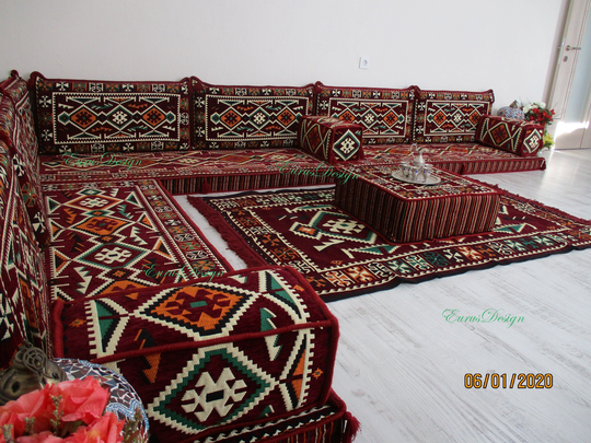 Long Corner Floor Seating, Mroon Color L Shaped Sofa Set, Floor Couch, Oriental Seating Sofa, Ethnic Bohemian Furniture