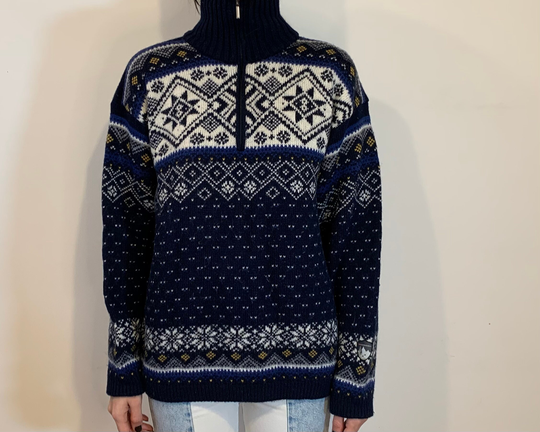 Vintage Wool Blend Navy Blue White Snowflakes Pattern Zip Up Collared Ski Jumper Pullover Size L Men