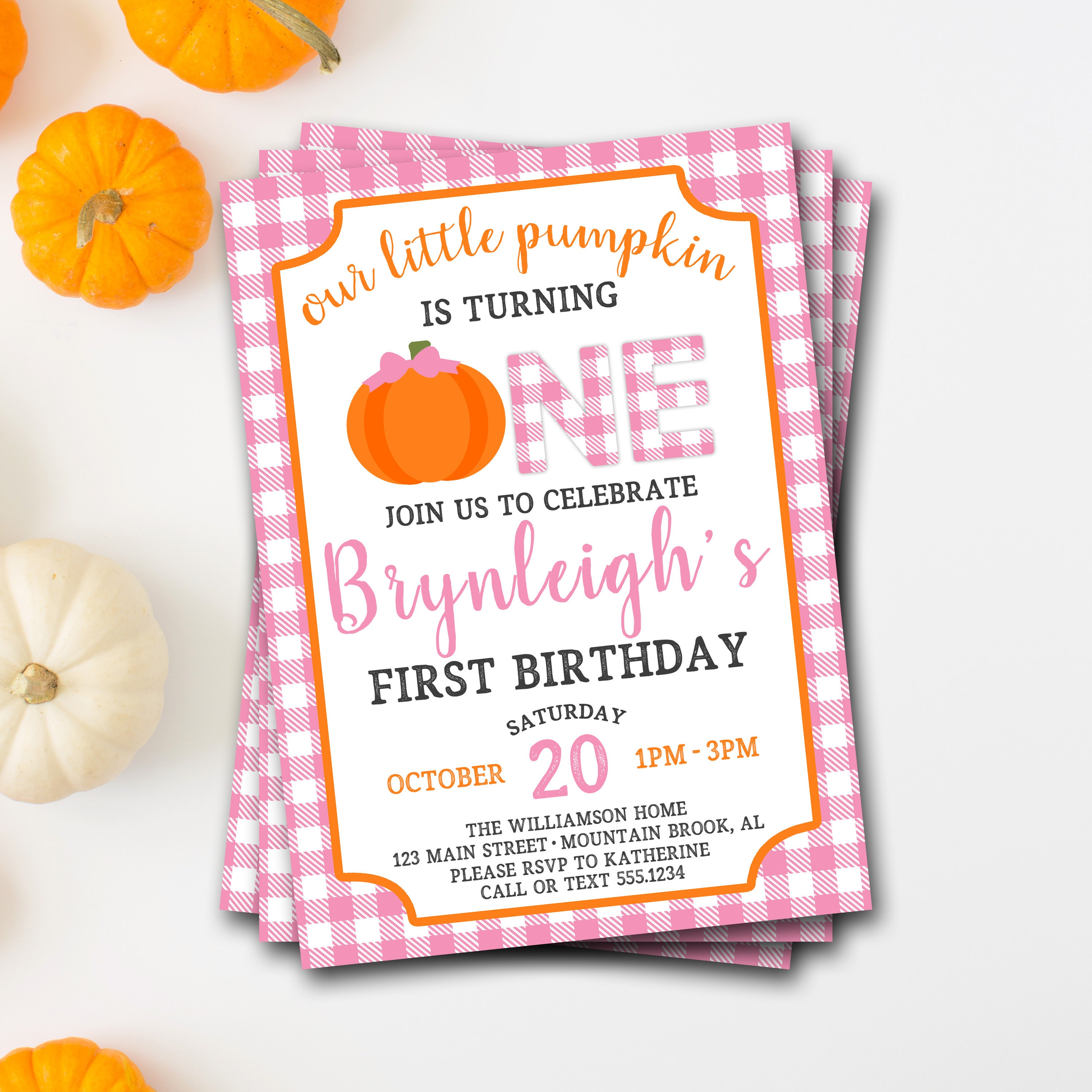 Pumpkin Birthday Invitation, First Fall Birthday, Girl Buffalo Plaid