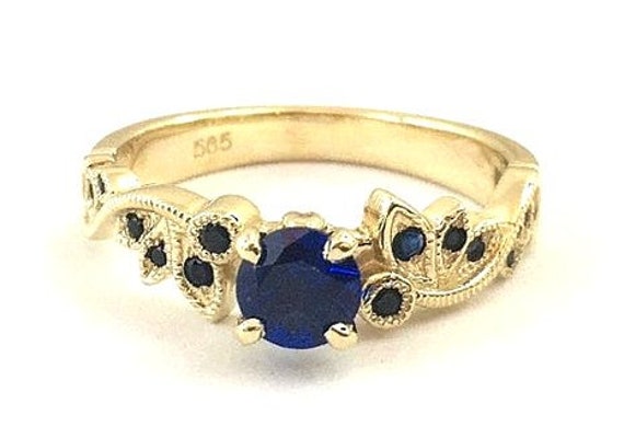 Leaf Engagement Ring Blue Sapphire Gemstone 14K Yellow Gold