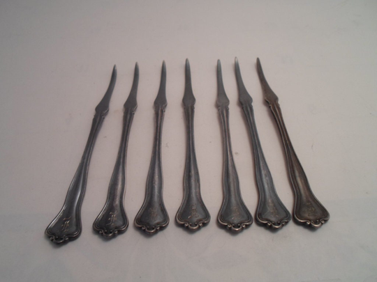 Vintage 1835 R Wallace Silverplate 7 Lobster Crab Nut Picks Engraved Initial Quality 1940's