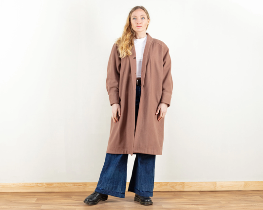 Taupe Wool Coat Vintage 60S Women Brown Wool Blend Coat Oversized Winter Outerwear Retro Clothing Size Large