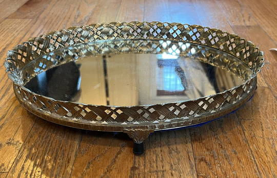 Ornate Handcrafted Oval Tray To Put Your Jewelry On. Put It Next Bed Or Out For Home Decor. Silver Plated With Mirror