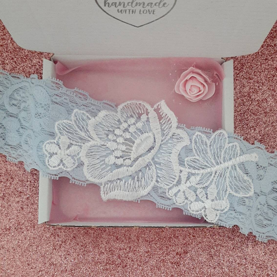 Light Blue Wedding Garter, Floral Lace Keepsake Something Gift