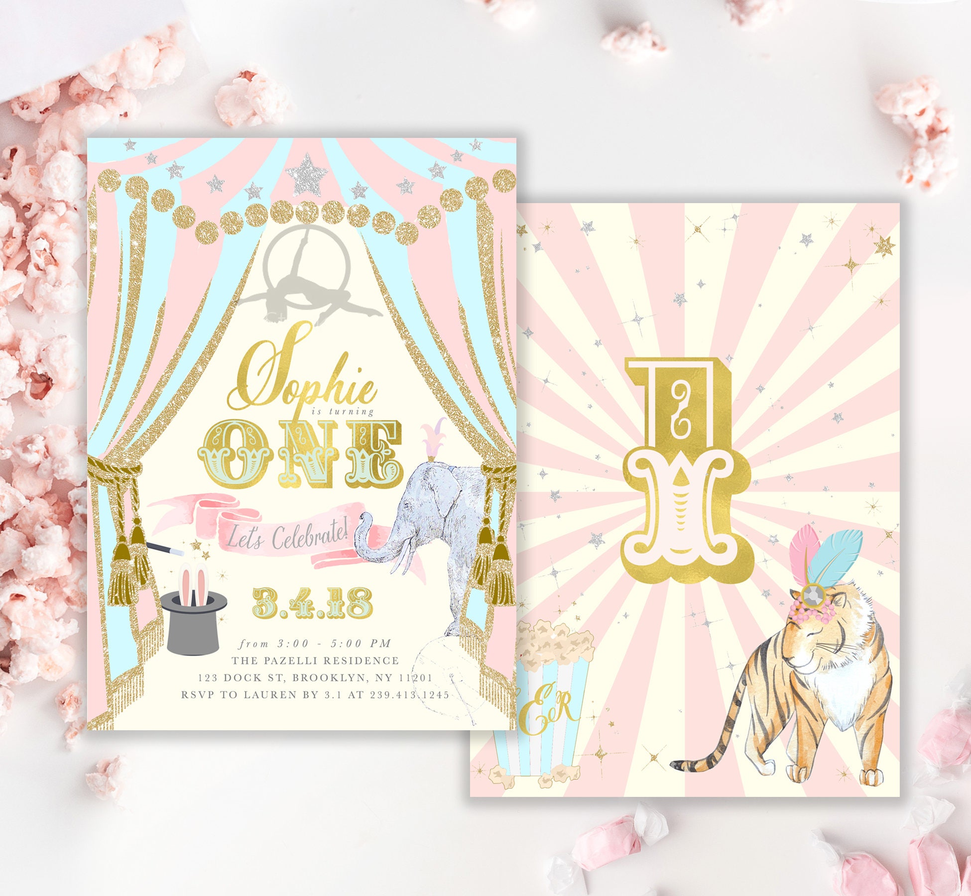Circus Girl's First Birthday Invitation Girl 1st Invite, One, Carnival, Elephant, Lion, Ringmaster -Sophie