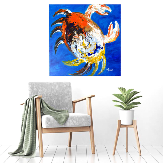 Florida Crab Art Original Painting On Canvas Coastal Wall Decor Blue Crab Popular Right Now Colorful Kitchen Kids Room 24x24''